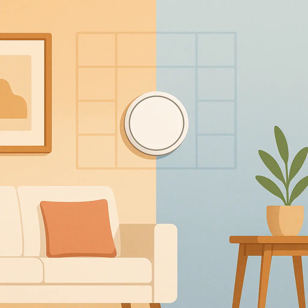 Calm living room scene with a simple wall thermostat and household routine cues