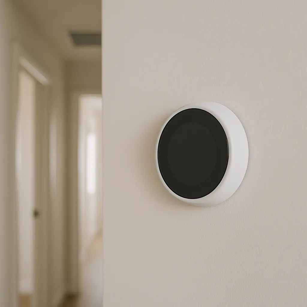 Clean smart thermostat compatibility illustration with a wall thermostat and simple home heating symbols