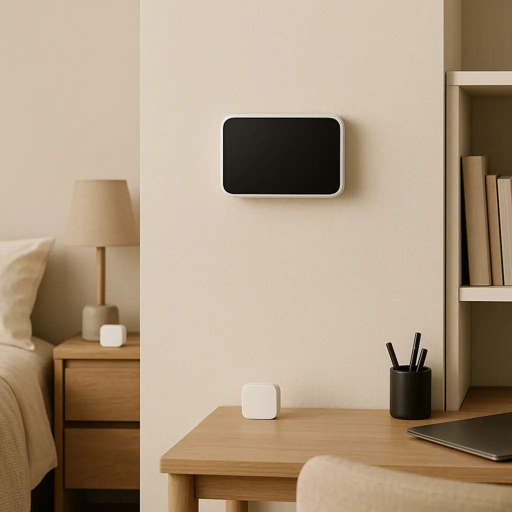 Clean editorial illustration of a smart thermostat with small room sensors in a calm home