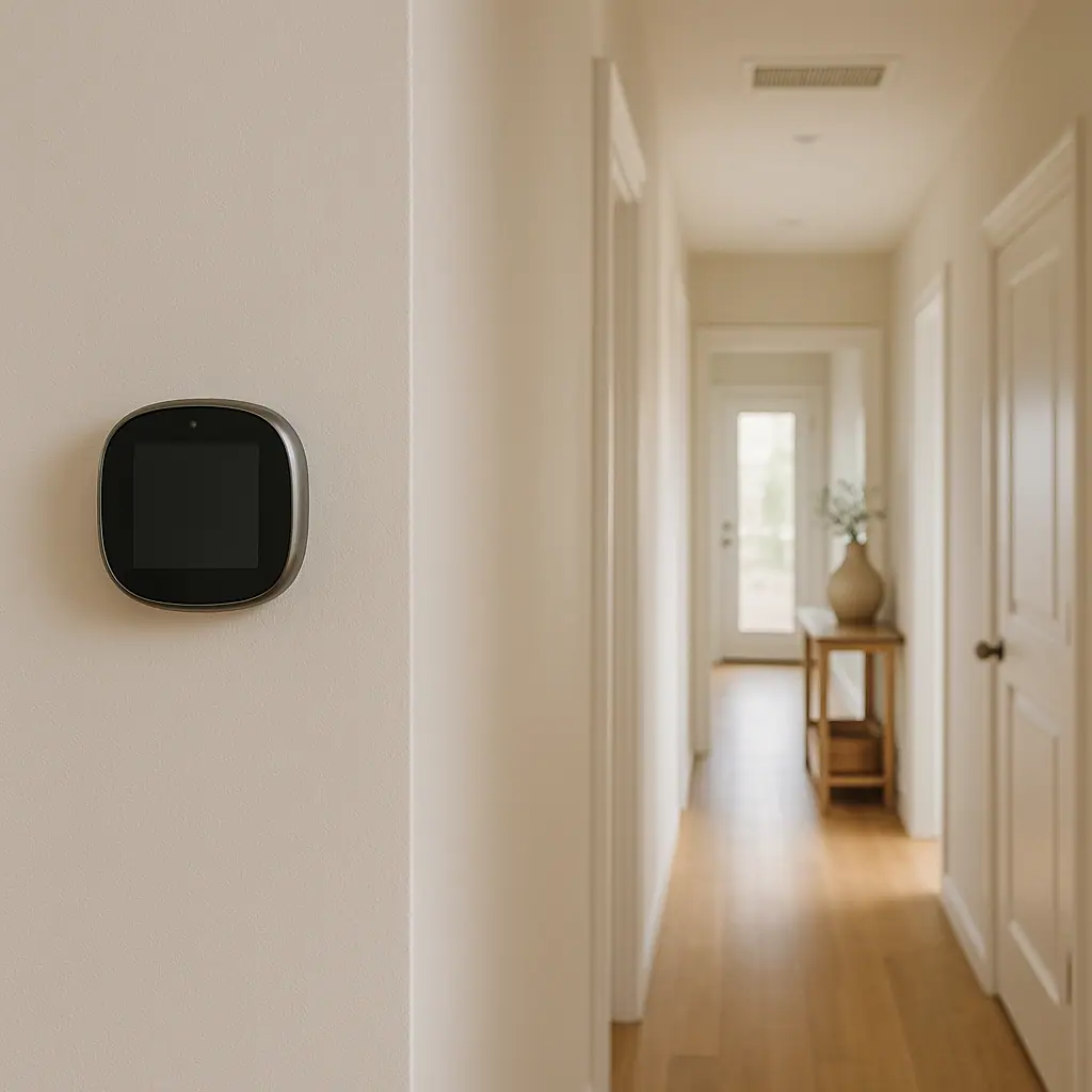 Clean editorial illustration of a smart thermostat setup scene with no visible text
