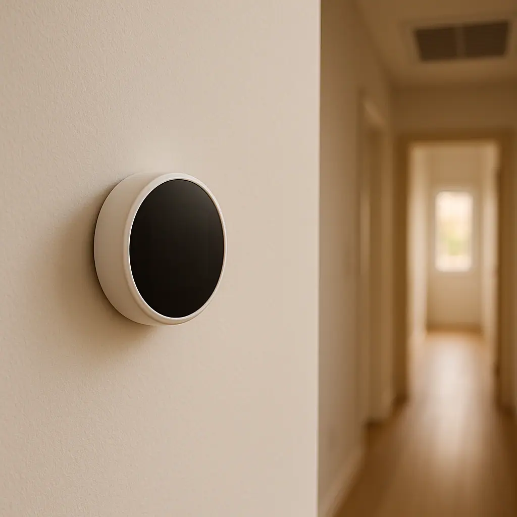 Clean editorial illustration of a smart thermostat near HVAC equipment with no visible text