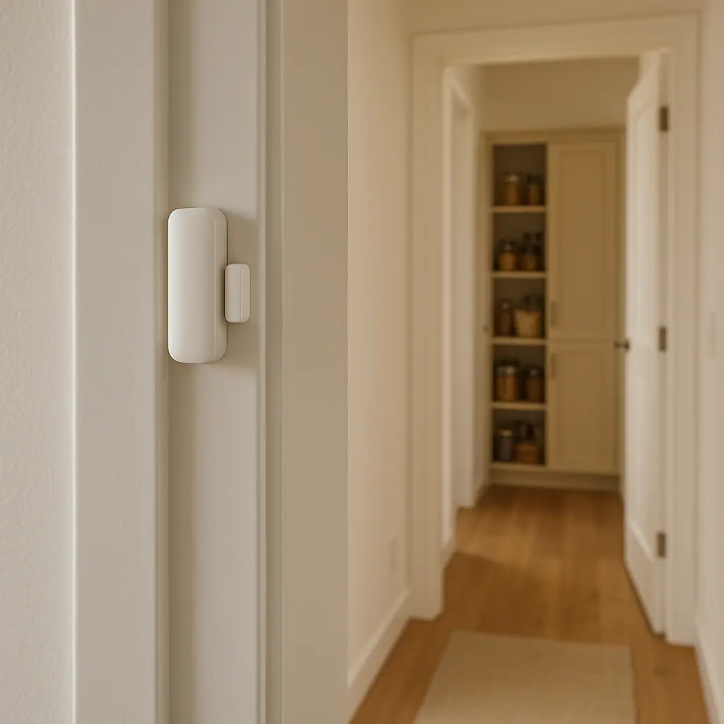 Clean editorial illustration of a smart door sensor used for calm home routines with no visible text