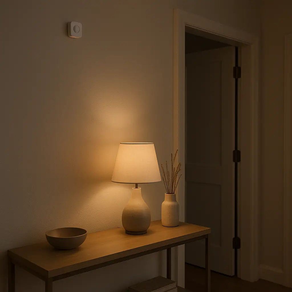 Clean editorial illustration of a hallway motion sensor and quiet phone notification setup with no visible text