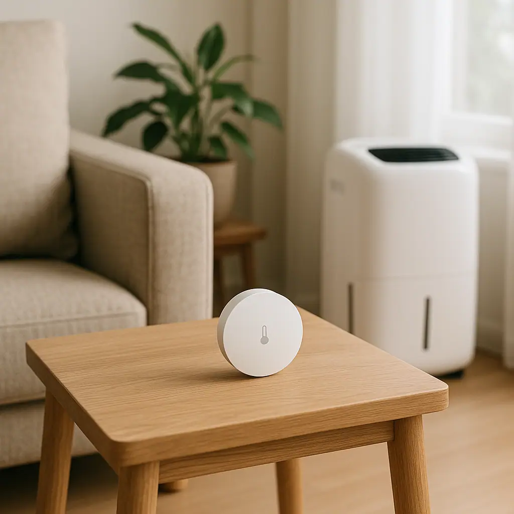 Clean editorial illustration of a home humidity sensor on a small table near plants and a dehumidifier with no visible text