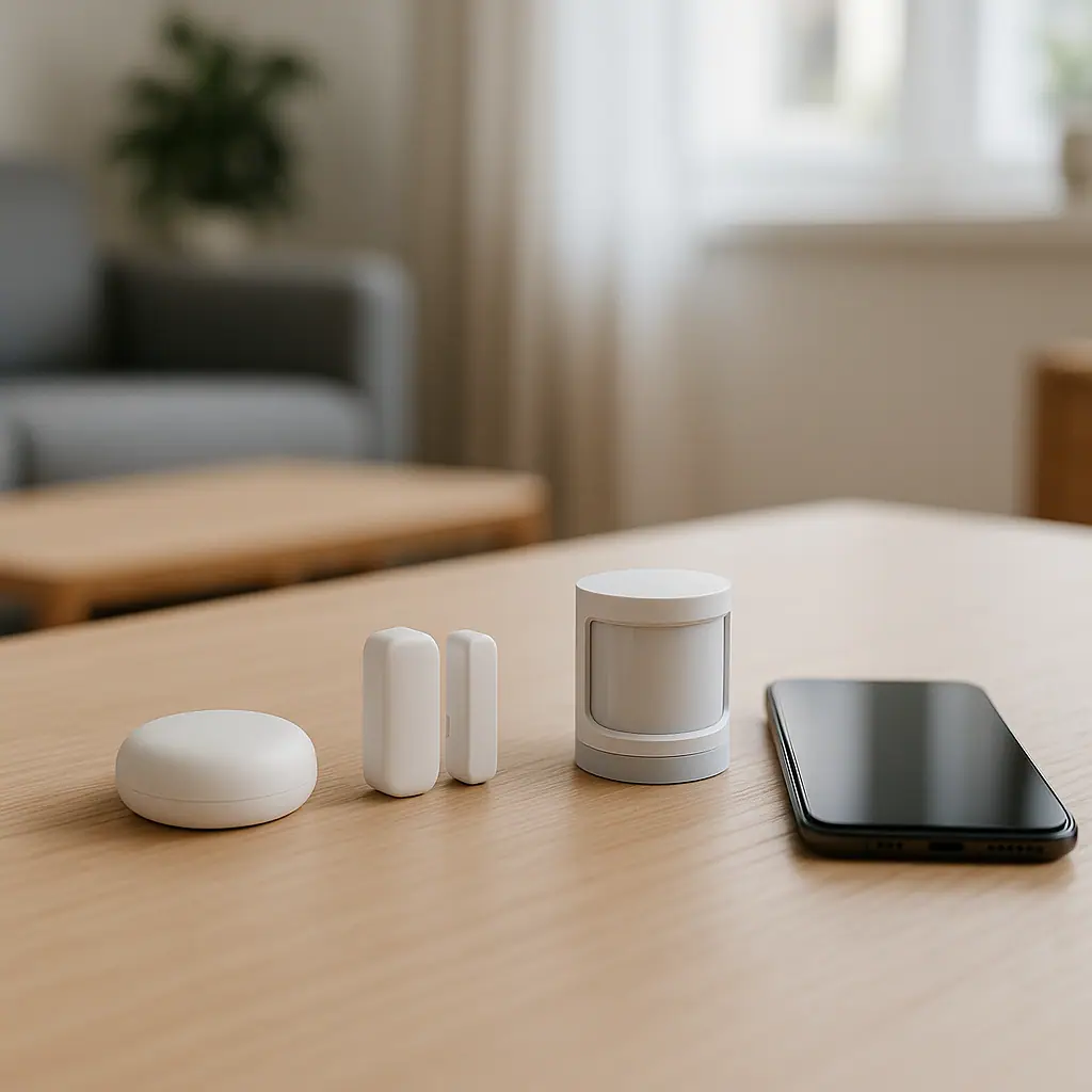 A clean smart home sensor starter kit arranged on a table with a phone and simple home objects