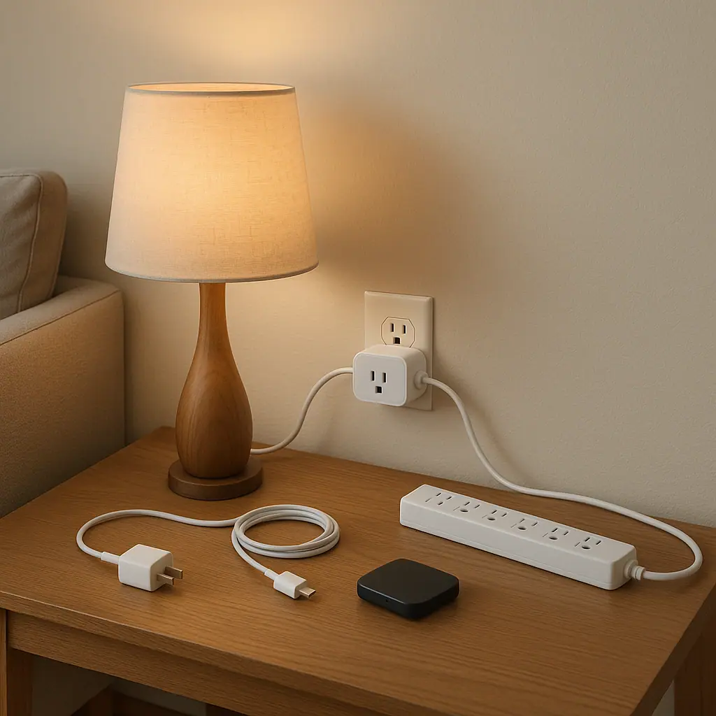 A calm living room scene with a smart plug, outlet meter, lamp, media console, and simple energy awareness objects