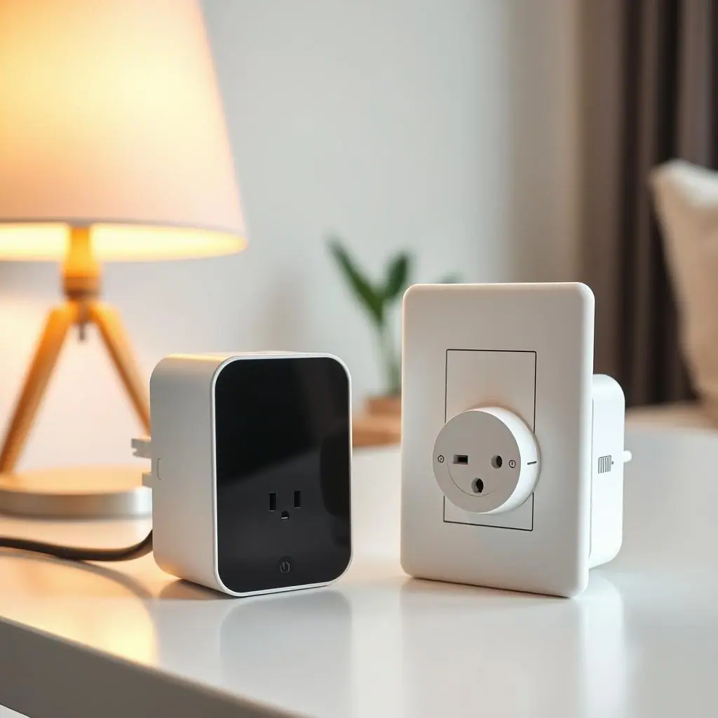 A smart plug and a simple timer outlet beside a lamp on a clean home table