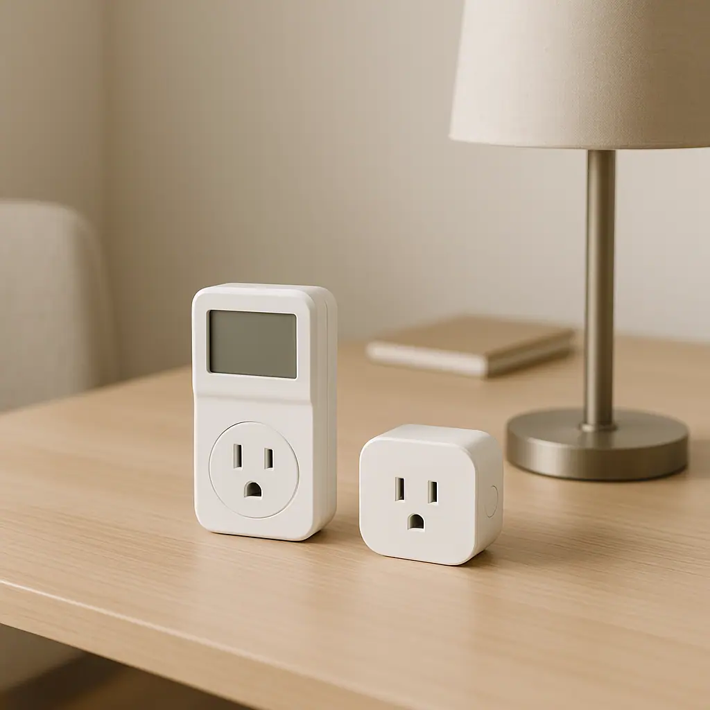 A calm home desk scene with an outlet meter, a smart plug, a lamp, and simple energy tracking items