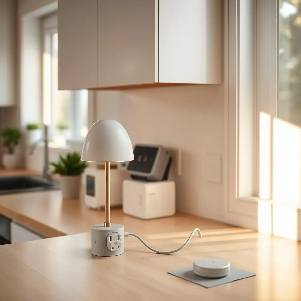 A calm kitchen counter scene with a lamp, outlet meter, and simple home energy items