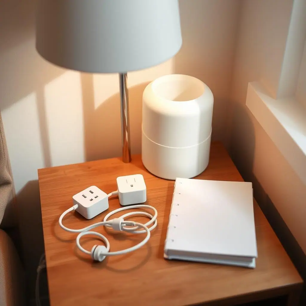 Clean editorial illustration of a renter-friendly energy monitoring setup with a lamp, outlet meter, and apartment items