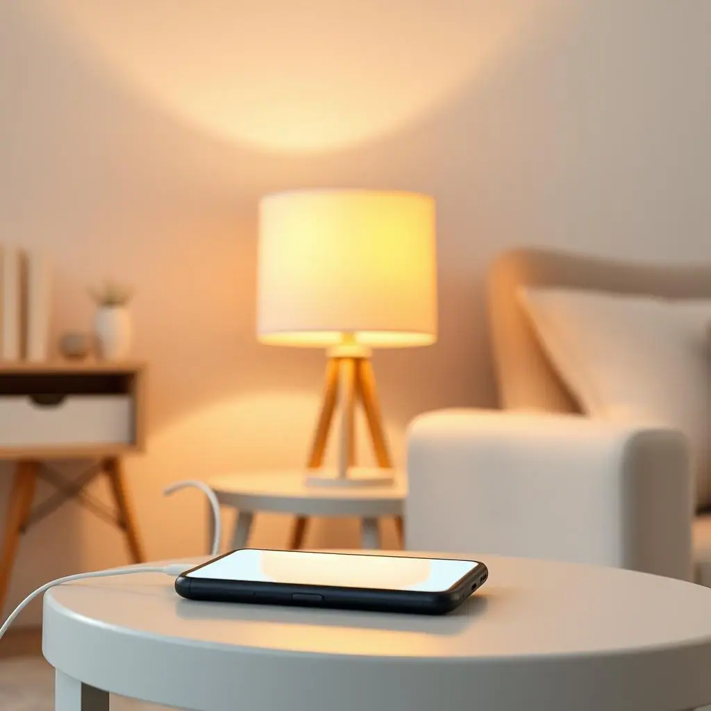 Editorial illustration of a simple smart home setup with a lamp, phone, smart plug, and checklist items shown as plain shapes