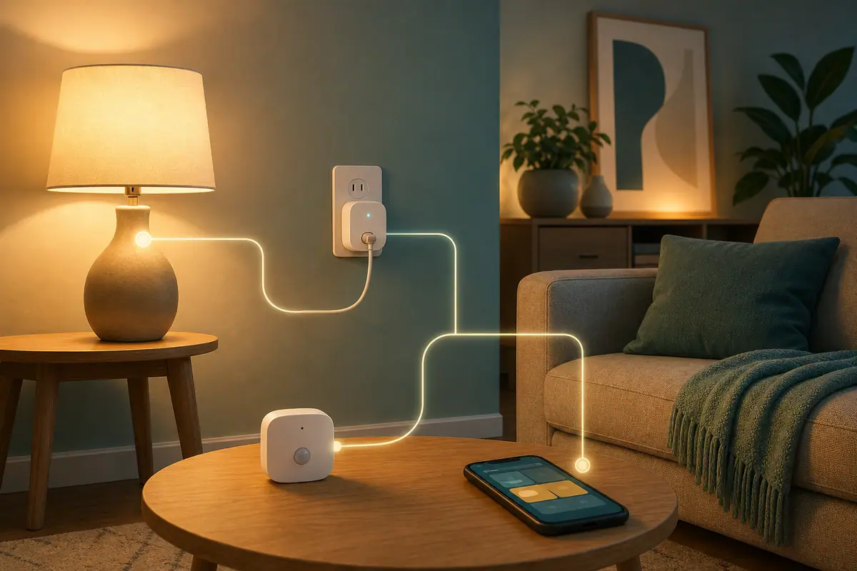 Clean editorial illustration of a simple smart home with connected lamp, plug, sensor, and phone icons without any text