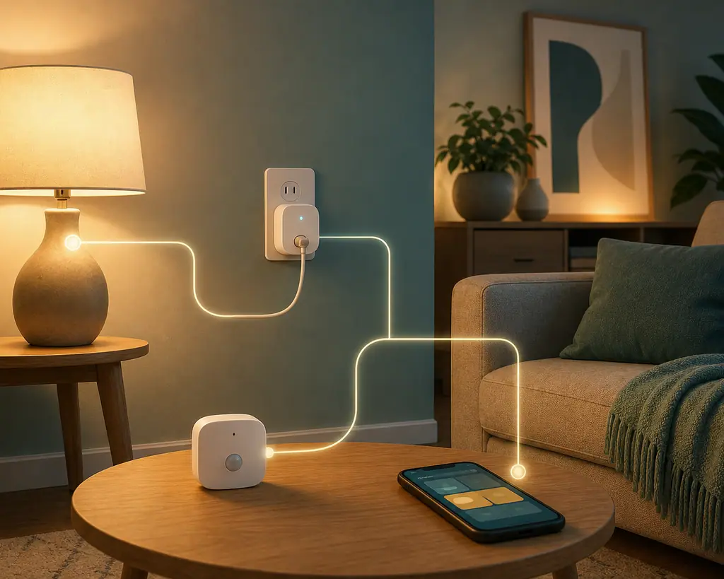 Clean editorial illustration of a calm smart home setup with a central hub icon, phone, lamp, sensor, and router shapes without text