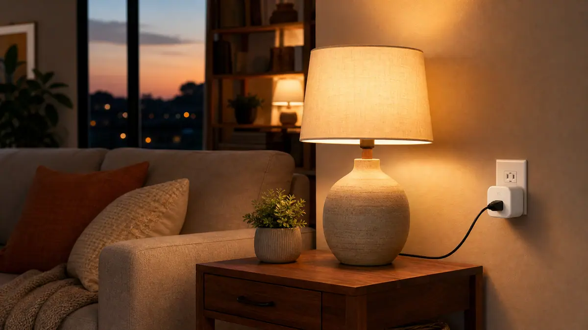A cozy table lamp connected to a smart plug in a calm living room