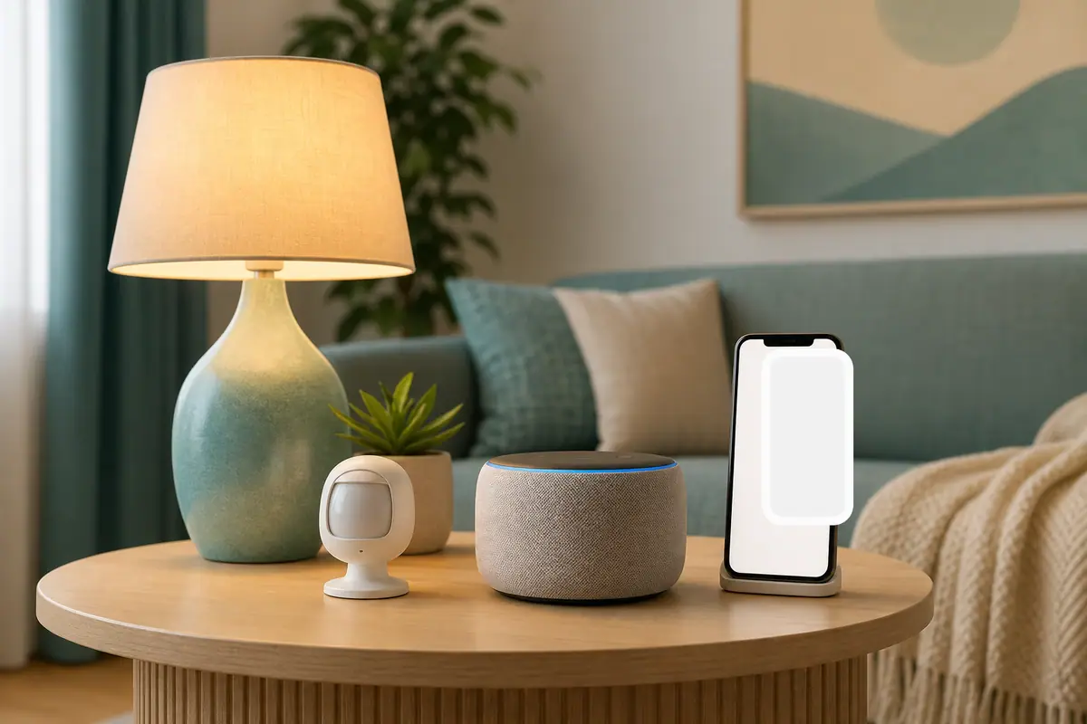 Clean editorial illustration of a Wi-Fi router, smart plug, lamp, and phone in a calm home setup without text or logos