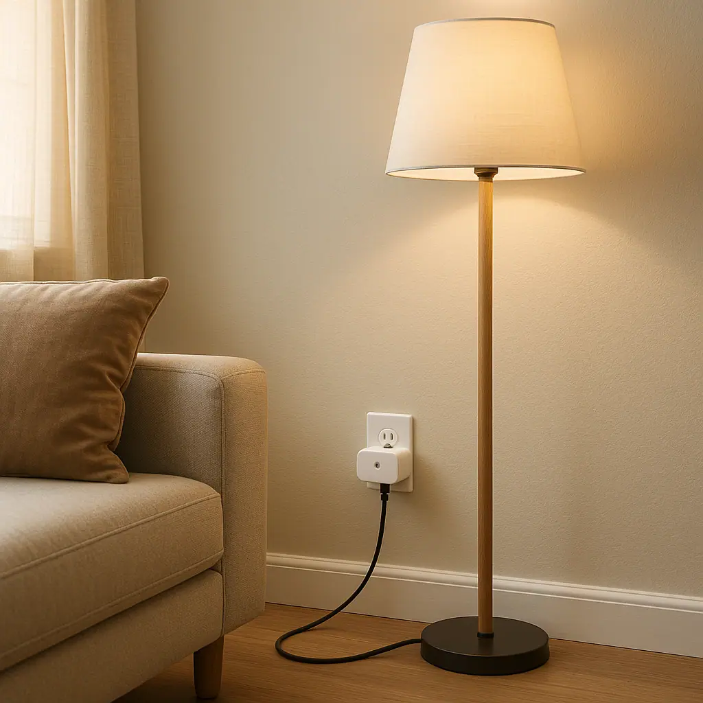 A clean smart plug beside a small lamp and phone energy chart in a calm home office