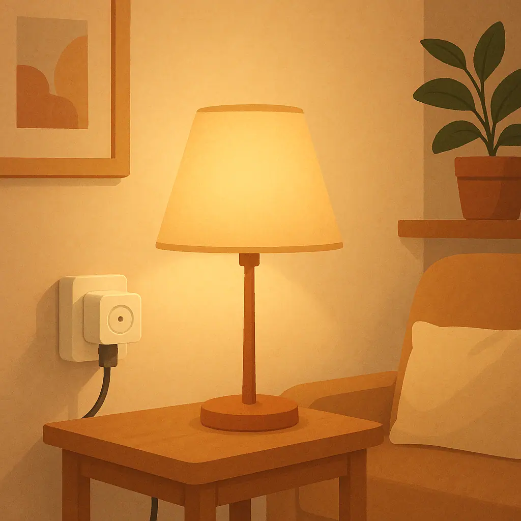 A calm living room corner with a smart plug controlling a warm table lamp