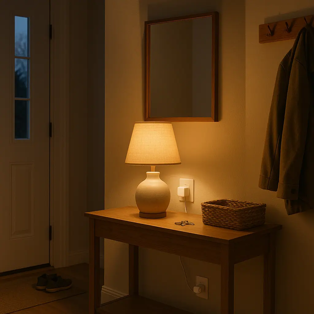 A calm home entryway with a smart plug controlling a warm lamp on a simple evening schedule